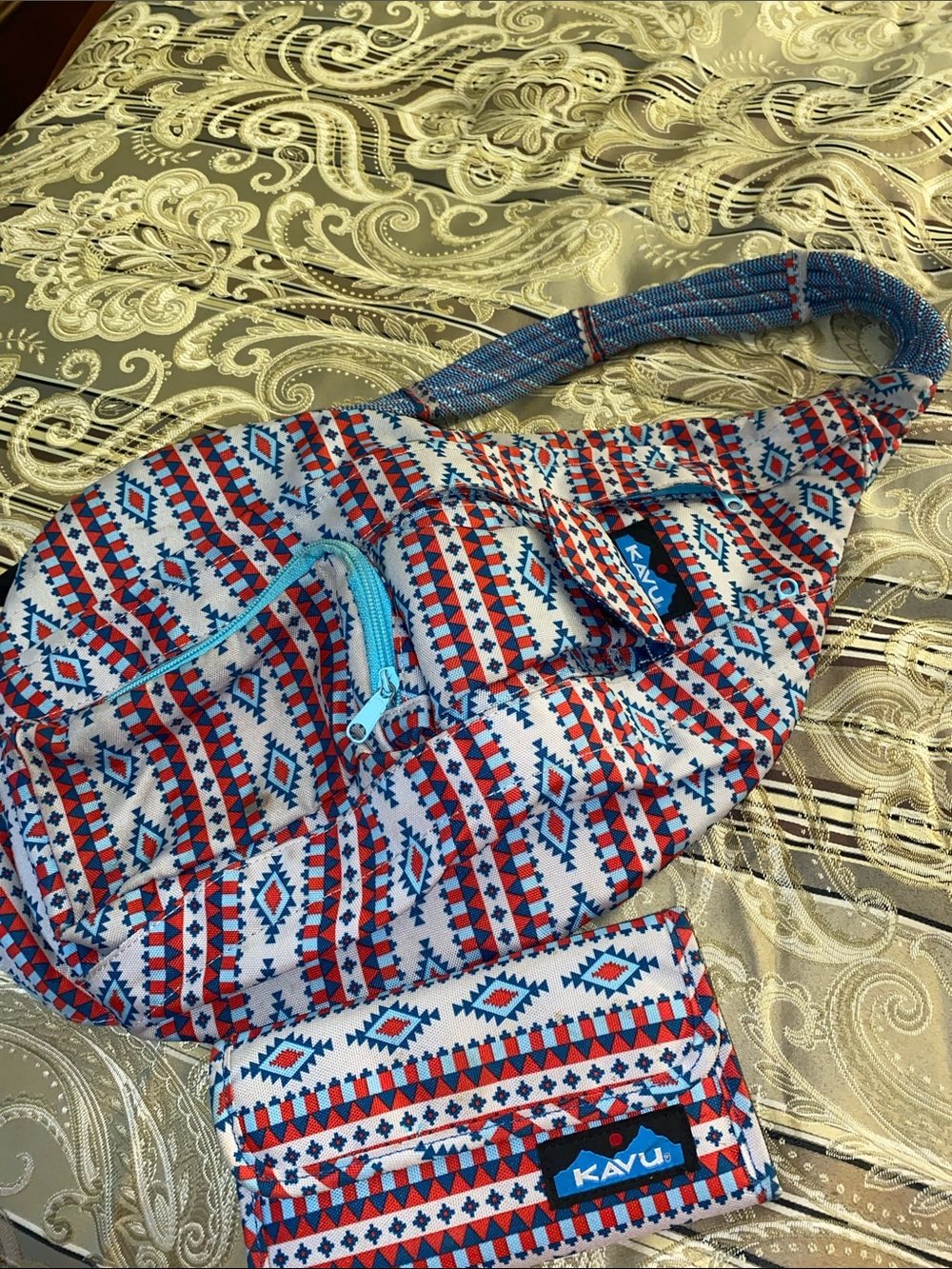 Kavu Red, Blue & White Geo Pattern Crossbody Sling with Wallet